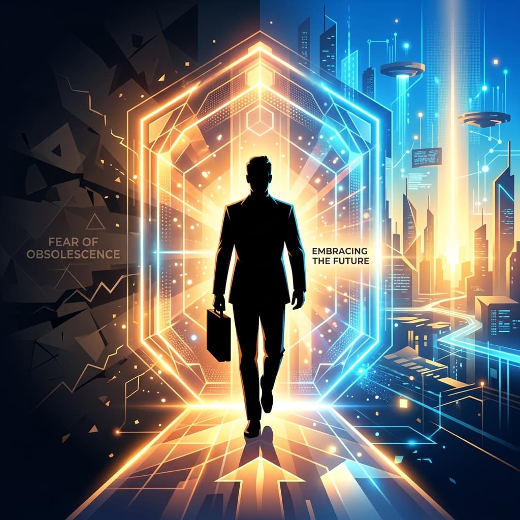 Siluetta professionale fiduciosa che attraversa una luminosa soglia geometrica futuristica