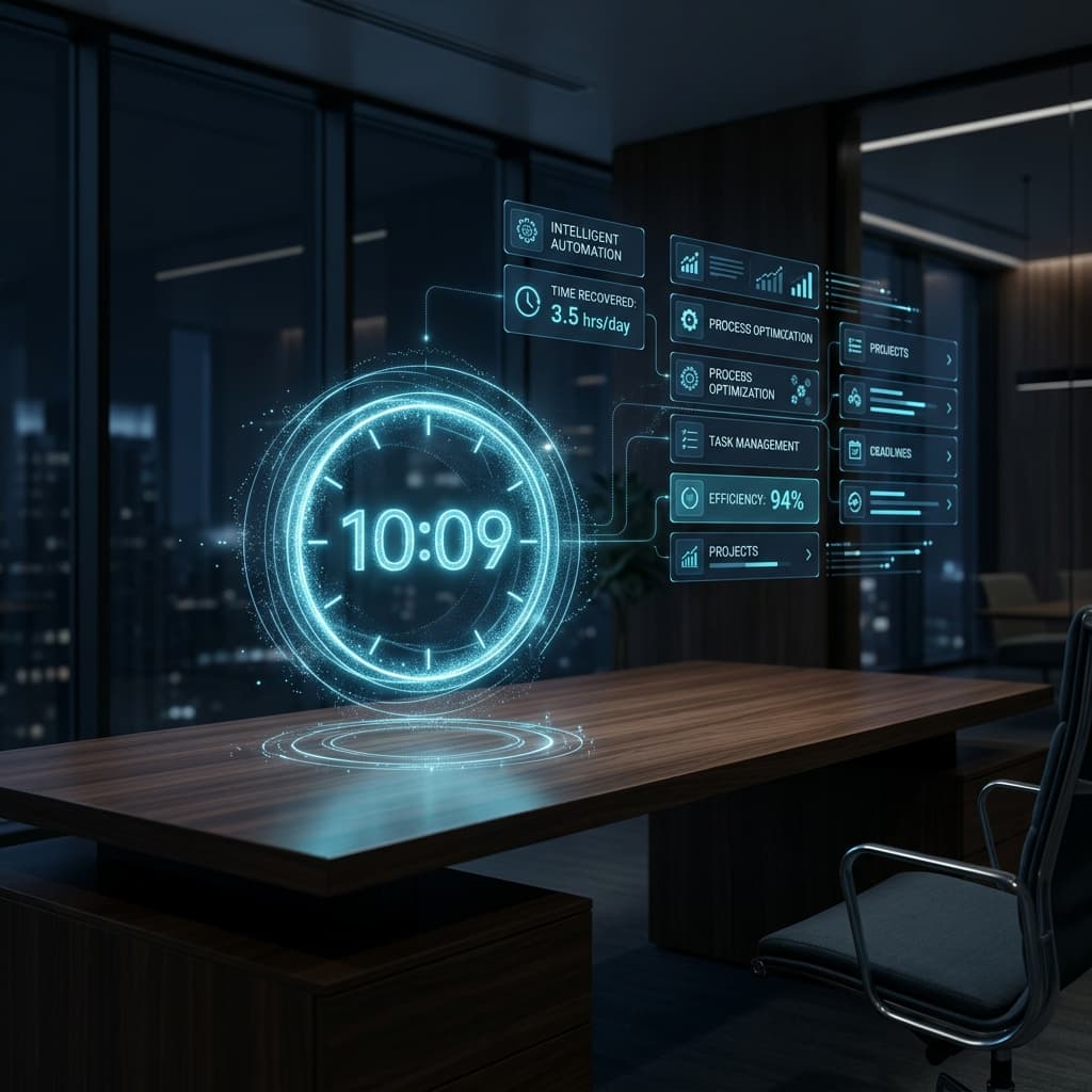 Orologio digitale etereo su scrivania vuota che rappresenta il recupero del tempo